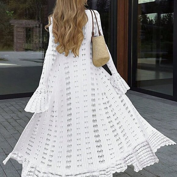 White Casual Women's Sexy V-Neck Long Sleeved Knitted Sun Girl Dress - Picture 2 of 10